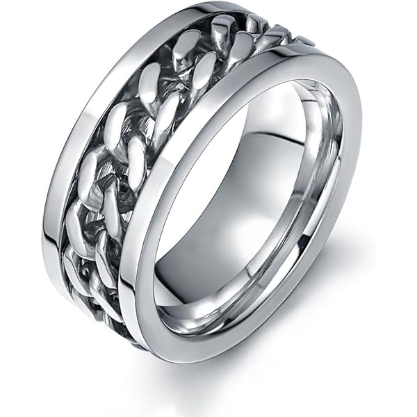 8mm Stainless Steel Chain Inlay Rotating Spin Wedding Band Biker